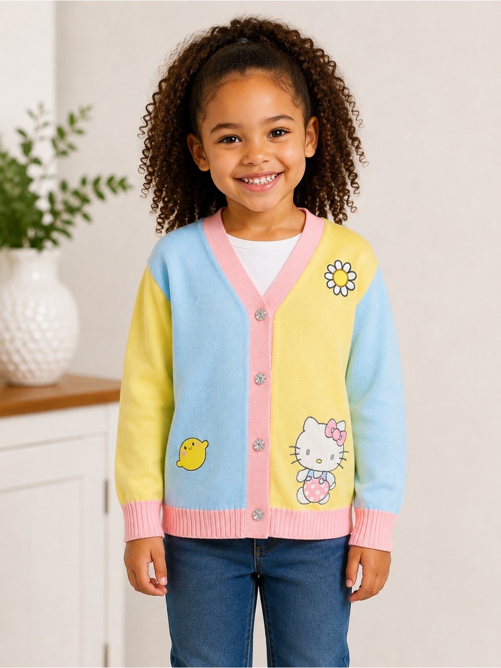 Girls’ Hello Kitty and Friends Color Block Button-Down Cardigan Sweater